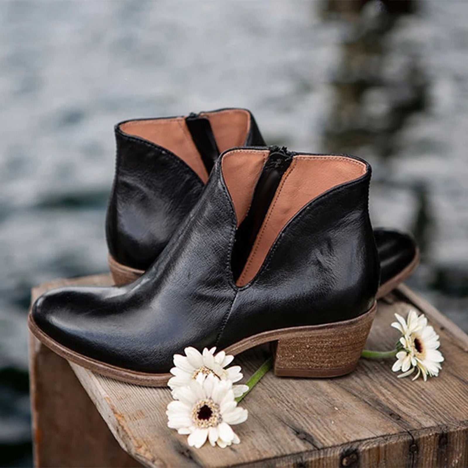 Women's Leather Solid Color Sleeve Short Mid Heel Pointed Retro Boots