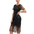 thumbnail image 1 of Pisexur Robe à Manches Courtes à Col Rond Longueur Genou Femmes Robe à Col Rond Sans Manches à Paillettes avec Franges Robe de Fête Banquet Robe de Danse Robe Courte Femmes Robe en Liquidation, 1 of 3
