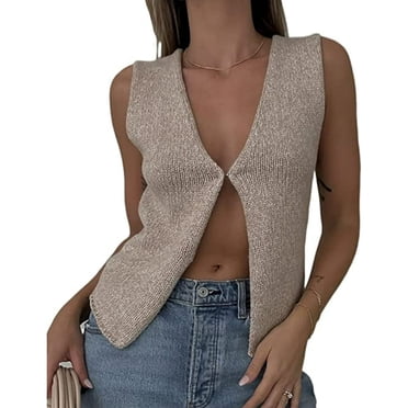 MesaSe Gilet Sans Manches Tricoté pour Femmes, Tricot Vintage, Col en V, Boutonné, Court, Ouvert à l'Avant, Cardigans Y2k Mode Urbaine
