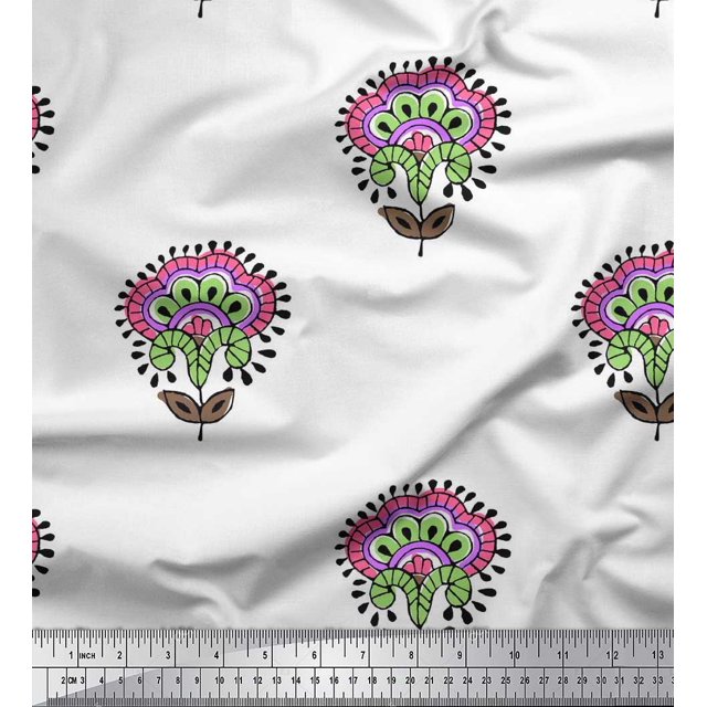 Soimoi Polyester Crepe Fabric Leaves & Floral Block Decor Fabric Printed Yard 52 Inch Wide