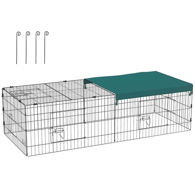 PawHut Small Animal Cage for chicken, rabbits, and chinchillas, measuring 73 inches by 30 inches by 20 inches. This pet fence features a durable steel wire frame with a green shade roof for UV protection. Includes two main gates, two side gates, and a top gate for easy access and cleaning. Ground nails secure the cage to prevent escape, suitable for outdoor and indoor use. Easy assembly with plastic locking clips.