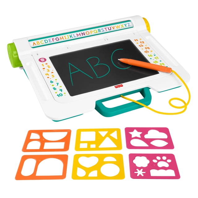 Fisher-Price Learn & Doodle Desk mess-free writing and drawing tablet with LCD screen showing ABC in teal, attached orange stylus with yellow cord, white frame with colorful alphabet strip and numbered sides, teal carrying handle, and six colorful stencils for tracing shapes and icons, suitable for preschool creative learning and travel.