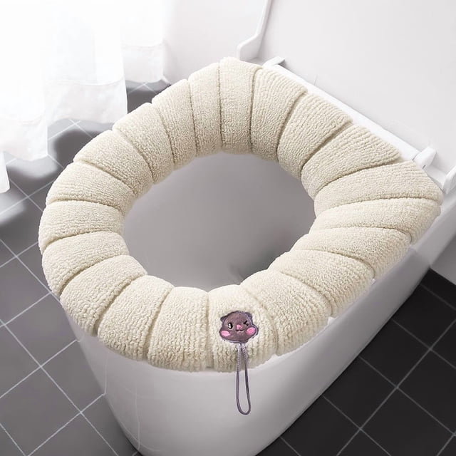Solid-Colour Toilet Seat Cushion, Comfortable and Warm Cover with Stretchable Design, Hygienic Protector for Standard Round or Elongated Toilets, Easy to Clean