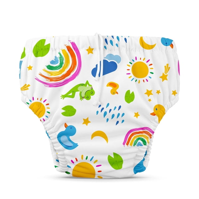 Reusable Swim Diaper Drawstring Hello Sunshine Medium with white fabric printed with colorful suns, rainbows, green frogs, blue and yellow ducks, green leaves, stars, raindrops, and crescent moons, featuring an adjustable drawstring and elastic leg openings for a snug, leak-resistant fit.