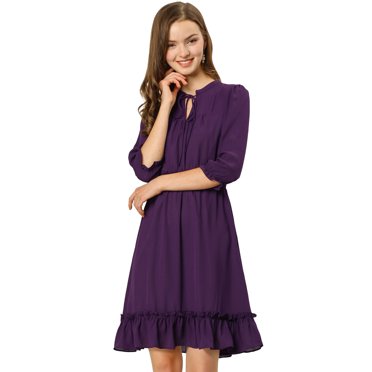 INSPIRE CHIC Robe A-Line en Mousseline Smockée pour Femme à Ourlet Volanté Superposé, Manches 3/4, L Violet