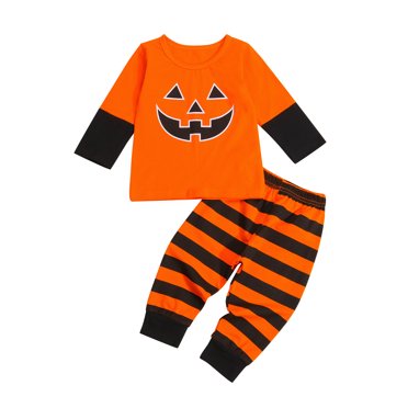Xingqing Halloween Toddler Baby Kids Boy Girl Clothes Smile Pumpkin Print Long Sleeve Tops Striped Pants Outfits