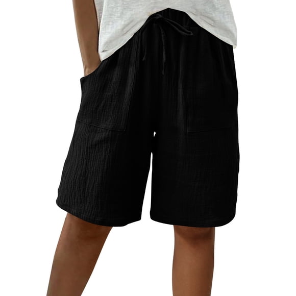 LOVZFMLL Women's Casual Shorts for Summer Lounge Outdoor Knee Length Long Shorts Elastic Waist Pockets Solid Running Shorts Black L
