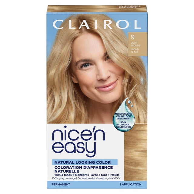 Clairol Nice'n Easy Permanent Hair Dye box showing product name and model image; highlights ColorBlend technology that creates 3 tones and highlights in one step; packaging shows permanent color creme, color-activating lotion, ColorSeal conditioner and gloves; claims 100% gray coverage and a fresh floral scent; often used for quick root touch-ups between salon visits.