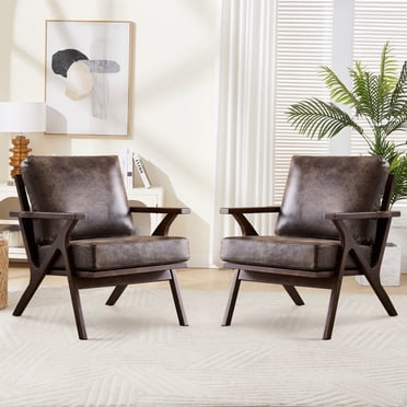 Bonzy Home PU Leather Accent Chair Set of 2, Mid Century Modern Armchair with Cushions and Solid Wood Frame, Upholstered Accent Chairs for Living Room Bedroom Office Leisure Room, Sepia