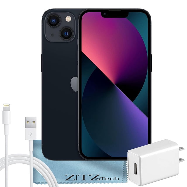 Apple iPhone 13, 128GB, Midnight - Unlocked - Certified Refurbished. The image displays the midnight-colored iPhone 13 with a Ceramic Shield front cover and a Super Retina XDR display. The dual-camera system, featuring 12MP wide and ultra-wide lenses, is shown on the back. Included accessories are a USB-C to Lightning cable, a power adapter, and a cleaning cloth.