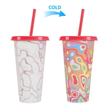 Gobelets en Plastique avec Couvercles et Pailles, Gobelets à Changement de Couleur, Lot de 1 Gobelets en Plastique Épais de 24 oz avec Couvercles et Pailles, Gobelet Réutilisable avec Couvercles et Pailles, Cadeau d'Été, Adultes, Fête pour Enfants, Tasse Mignonne pour Boisson Glacée