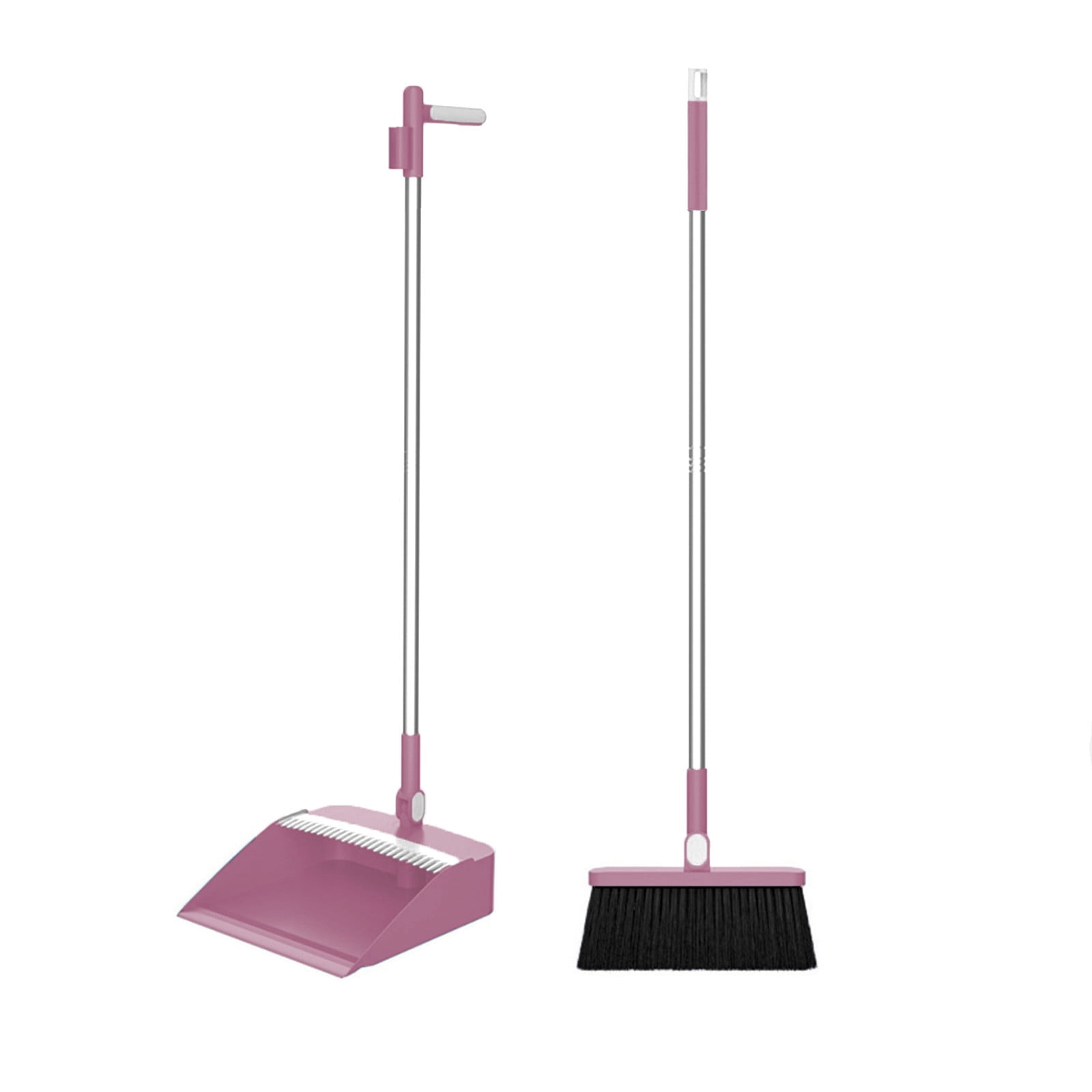 Fasiaou Broom and Dustpan Set, Upgraded Broom with Dustpan Combo Set with Adjustable Handle, Self-Cleaning Teeth, Upright Standing Dust Pan for Heavy Duty Indoor Outdoor Cleaning and Pet Hair(Pink)
