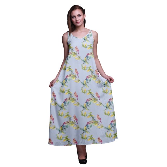 Bimba Robe Longue Maxi de Soirée pour Femmes en Rayonne à Imprimé d'Oiseaux, Dos Nu, Bretelles Spaghetti - Très Petit