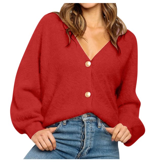 XZNGL Ladies Fashion V-neck Solid Color Button Loose Sweater Outer Sweater