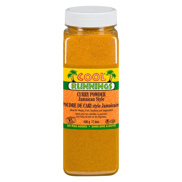 Cool Runnings Jamaican Style Curry Powder 500g in a clear rectangular plastic shaker bottle with a white screw-on lid, featuring a yellow, green, and orange label with palm tree graphics and bilingual text indicating no MSG added and suitability for seasoning meats, fish, seafood, and vegetables.
