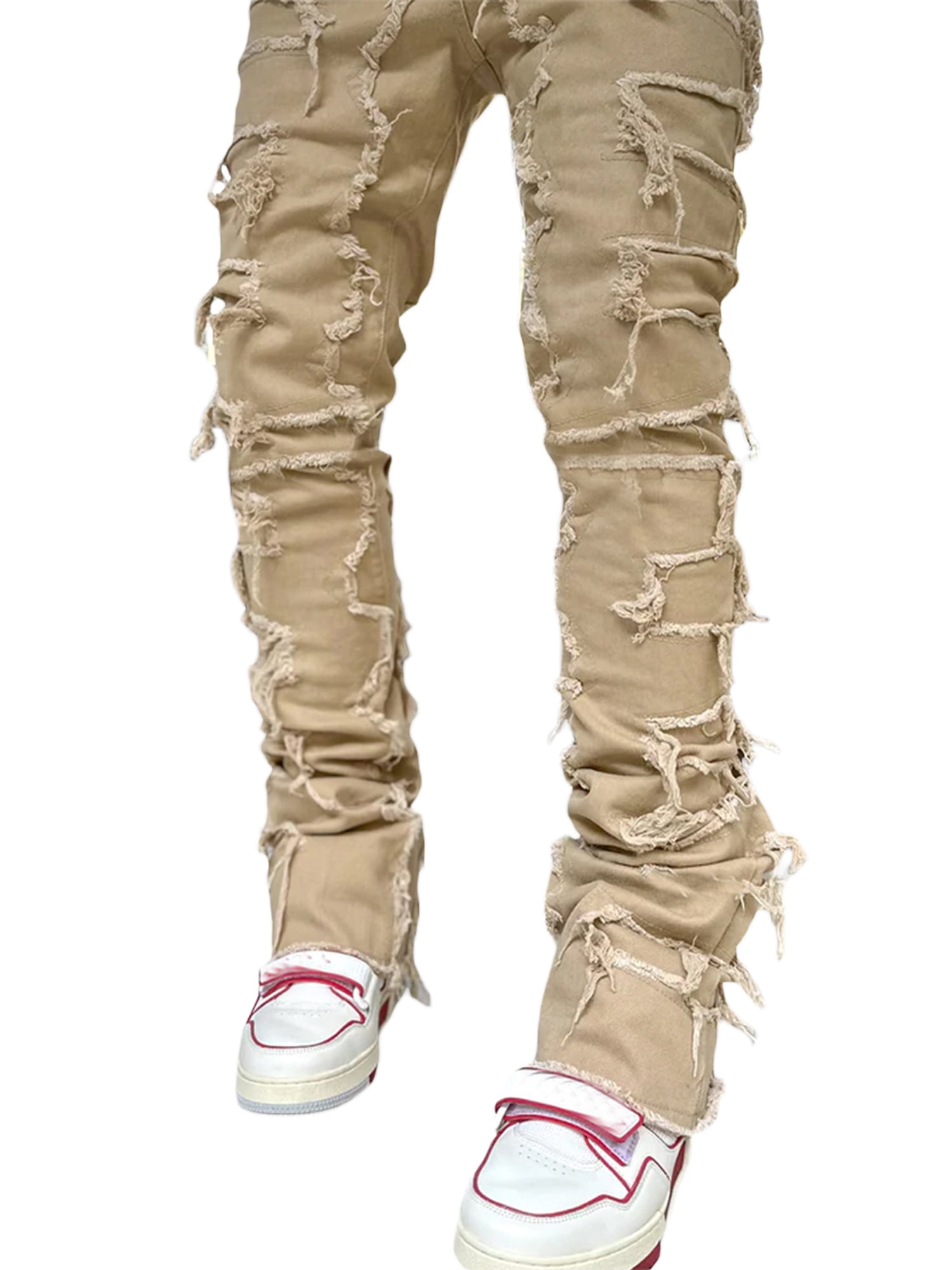 Fortune Men's Straight Leg Jeans Stacked Denim Jeans Ripped Distressed Destroyed Biker Jean Washed Denim Pants Streetwear Clothes