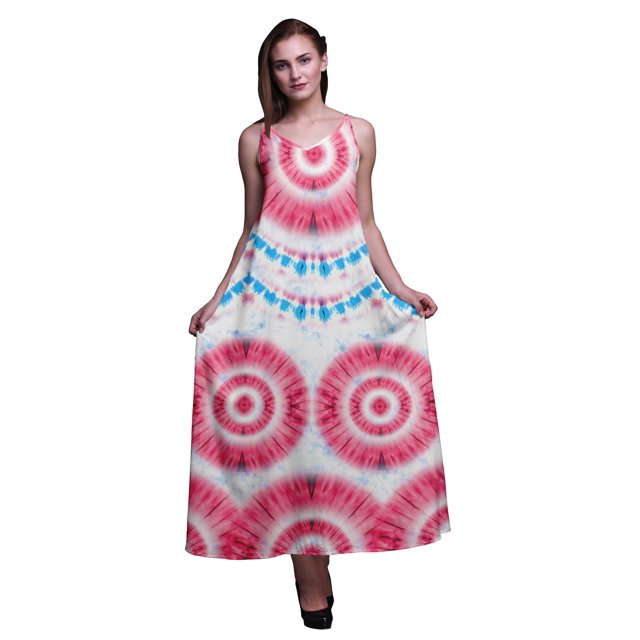 Bimba Robe Longue Maxi de Soirée pour Femmes en Rayonne Teinture sur Nœuds Imprimée, Dos Nu, à Bretelles Spaghetti - Très Petit
