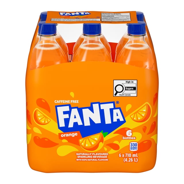 Fanta Orange Bottles, 710 mL, 6 Pack with six clear plastic bottles of bright orange fruit soda capped in blue, packaged in an orange carrier displaying the Fanta logo and orange slice graphics, caffeine-free and naturally flavoured with real orange juice, often used as a refreshing soft drink.