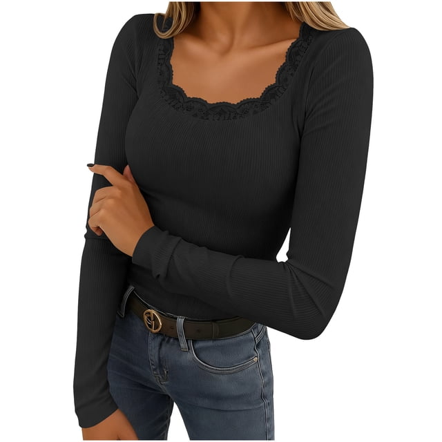 Tauxra Long Sleeve Thermal Shirt for Women with Lace Crewneck, Warm Fall Tops for Casual Daily Wear, Comfortable Soft Pullover with Ribbed Knit Design