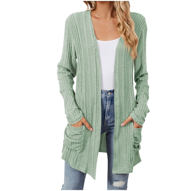 cfhntfmh Womens Casual Cardigan Ribbed Knit Open Front Long Cardigans Lounge Long Sleeve Sweater Outwear with Pockets
