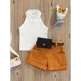 thumbnail image 2 of Faithtur Toddler Girl Summer Clothes Set, Solid Ribbed Mock Neck Vest + Shorts with Pockets + Waist Bag, 2 of 9