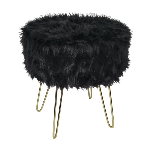 Ottoman Rond Pixie, Pouf, Repose-Pieds, Tabouret Repose-Pieds avec Siège Rond en Fausse Fourrure Noire et Pattes Métalliques en Forme d'Épingle Dorée. l'Ottoman Mesure 16 Pouces de Hauteur de Siège et 14,5 Pouces de Diamètre de Siège, Offrant une construction Robuste avec une Capacité de Charge de 300 Lb. Idéal pour une Utilisation dans les Salons, Chambres, Couloirs Ou Salles de Bain, Il Ajoute une Touche Luxueuse et Fonctionnelle à Tout Espace.