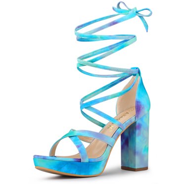 BLISSFUL STEP Sandales pour Femmes Teinture sur Nœuds à Lacets Plateforme Bout Ouvert Talon Épais Chaussures de Soirée Cyan 8.5