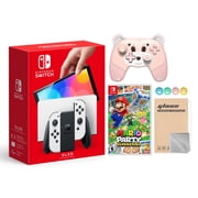 Switch OLED Model White 64GB Console HD Screen & LAN-Port Dock Bundle with Mario Party Superstars Game, Mytrix Wireless Pro Controller Pink Bear, Screen Protector and Joy-Stick Caps Best Holiday Gift