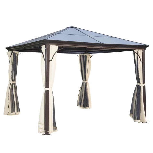 Outsunny Auvent de Gazebo à Toit Rigide 10 x 10 Pi Abri Robuste Pare-Soleil avec Rideau. Ce Gazebo Extérieur Présente un Cadre en Aluminium durable et Résistant à la Rouille, un Toit en polycarbonate Traité aux UV et des Parois Latérales en polyester Imperméable avec Moustiquaire. les Rideaux et Moustiquaires beige et Couleur Café Offrent Intimité et protection. Comprend des Crochets Légers, des Attaches Velcro et des Piquets de Sol pour la Stabilité. Offre 96 Pieds Carrés d'Espace de Vie Extérieur Ombragé.