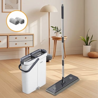 Joybos Flat Mop and Bucket Set, Separate Dirty Washable Water Systems, 49 inch Pole, 2 Microfiber Pads, Wet and Dry Use for All Floor Types