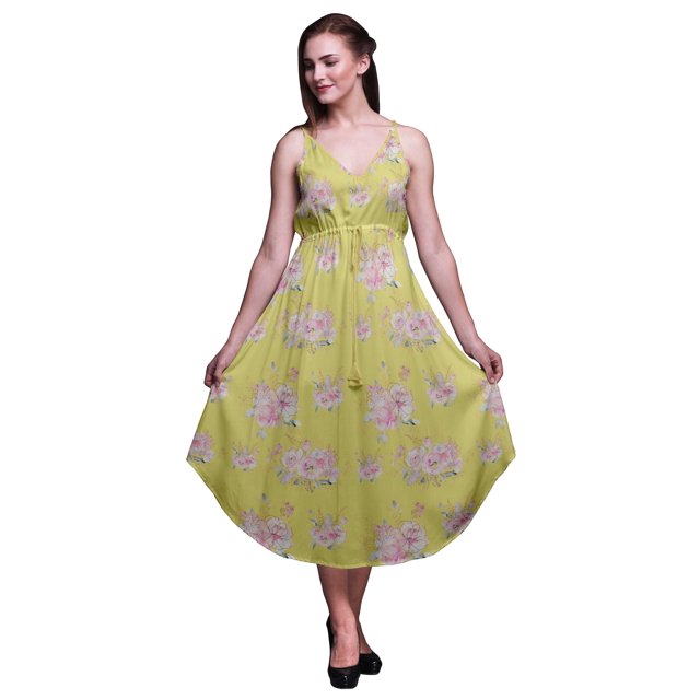 Bimba Floral Ladies Printed Resort Midi Drawstring Dress Spaghetti Strap Beach Wear-X-Small