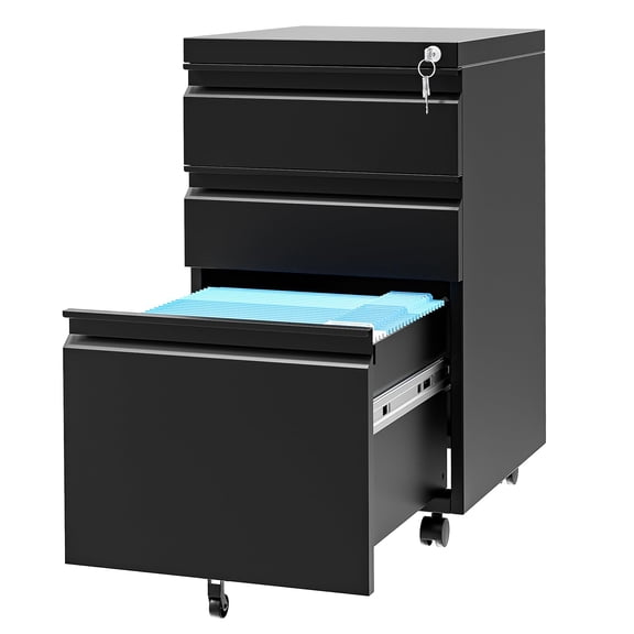 Filing Cabinet, 3-Drawer Mobile Locking File Cabinet with Adjustable Shelf, Legal/Letter/A4 Capacity, Black