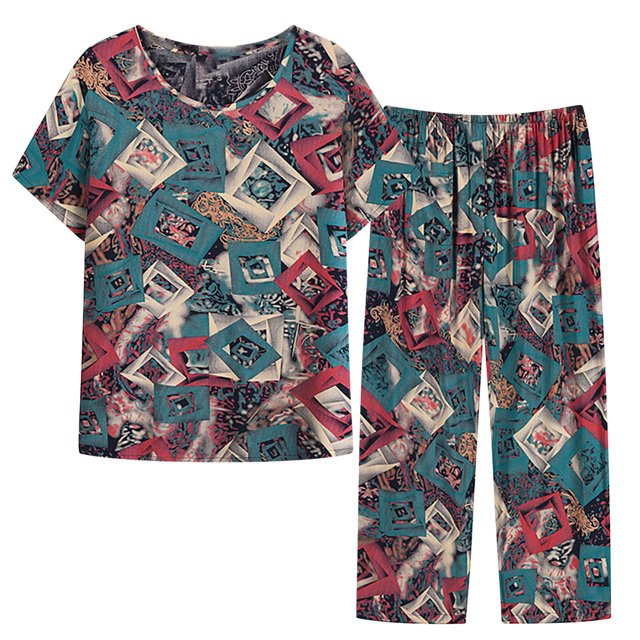Mefallenssiah Women'S Summer Two Piece Set Short Sleeve Round Neck Printed top Pants Set Pajama Set