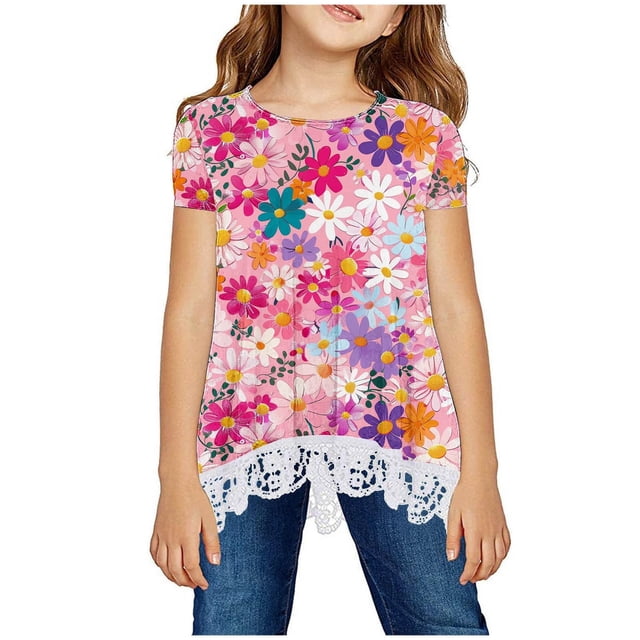 HVOBBTY T-Shirt Classique à Manches Courtes pour Fille, T-Shirt pour Filles à Col Rond Superposé avec Imprimé d'Indépendance, Blouse à Manches Courtes pour Enfants, T-Shirt en Dentelle Rose, 7 Ans