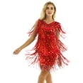 thumbnail image 1 of renvena Robe Mini pour Femmes à Paillettes Brillantes avec Franges en Similicuir à Col en V Sans Manches Tenue de Danse Samba Rouge TTG, 1 of 6