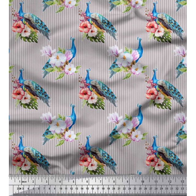 Soimoi Gray Rayon Fabric Stripe,Pink Floral & Peacock Bird Print Sewing Fabric BTY 42 Inch Wide