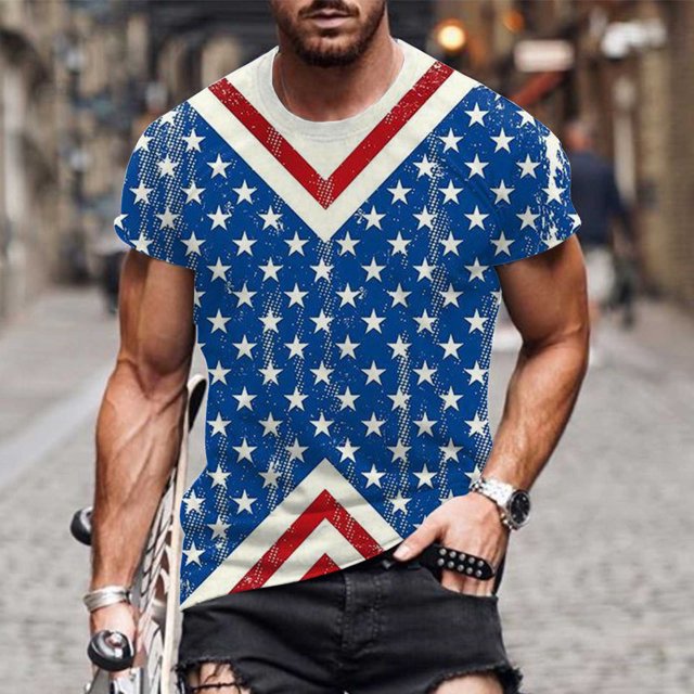 LSLJS T-Shirts Patriotiques pour Hommes T-Shirts à Imprimé Rayures de la Fête de l'Indépendance Col Rond Manches Courtes