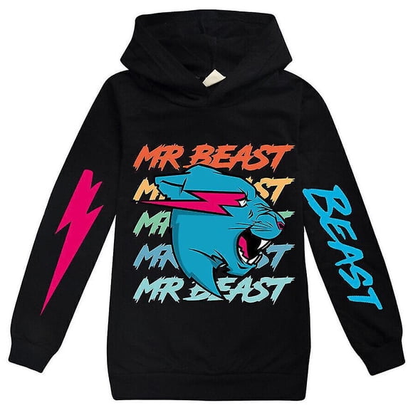 Kids Boys Girls Mr Beast Lightning Cat Printed Casual Hoodie Hooded Jumper Pullover Sweatshirt Top