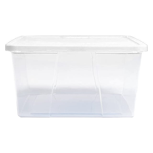 Homz Bac de Rangement en Plastique Transparent à Verrouillage par Pression de 12 Qt avec Couvercle, Lot de 4. Vue Frontale d'Un Bac de Rangement en Plastique Transparent avec Couvercle Blanc à Pression, Idéal pour Organiser les Décorations des Fêtes, les Fournitures de Bureau, les Ustensiles de Cuisine et les Articles Personnels. Présente une Conception Transparente pour une identification Rapide du Contenu, des Poignées Ergonomiques pour un Transport Facile, et une structure Modulaire Empilable pour un Rangement Efficace. Dimensions : 16.25 x 11.00 x 5.63 Pouces.