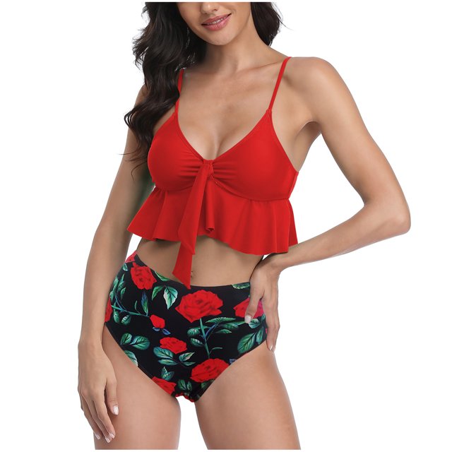 RKSTN Tankini Set for Women Swimsuits Ruffled High Waisted Tummy Control Knot Adjustable Straps Backless Bathing Suits