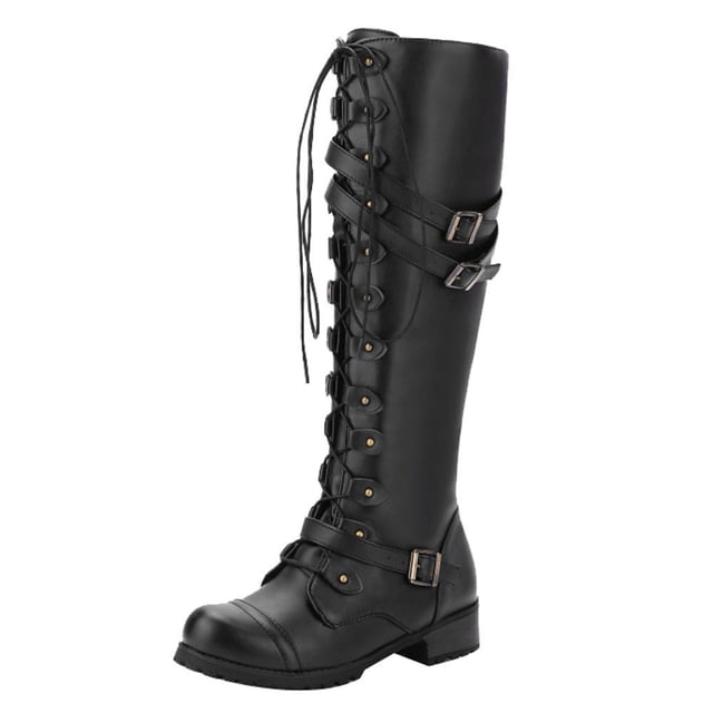 Kcodviy Bottes à Lacets Style Gothique Vintage pour Femmes Bottes Rétro Punk à Boucle Bottillons Mignons pour Femmes Bottes d'Automne Bottes pour Femmes à Talons Bottes pour Femmes à Talon Bas Bottes de Pluie en Cuir pour Femmes