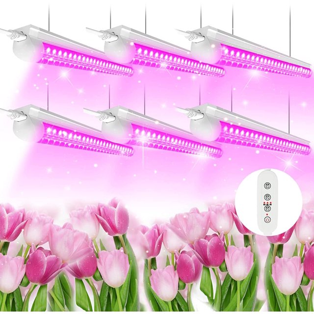 LED Grow Light, 240W(6 x 40W) 4ft Grow Light Led Full Spectrum with Timing, Linkable Design, V-Shape, T8 Integrated Growing Fixtures for Indoor Plants, 6-Pack. The image shows six V-shaped LED grow lights emitting a pink full-spectrum glow, ideal for indoor plants, hydroponic vegetables, and flowers. The lights are suspended above blooming pink tulips, highlighting their application in plant growth. A close-up of the control panel with timing and on/off switch is also visible.