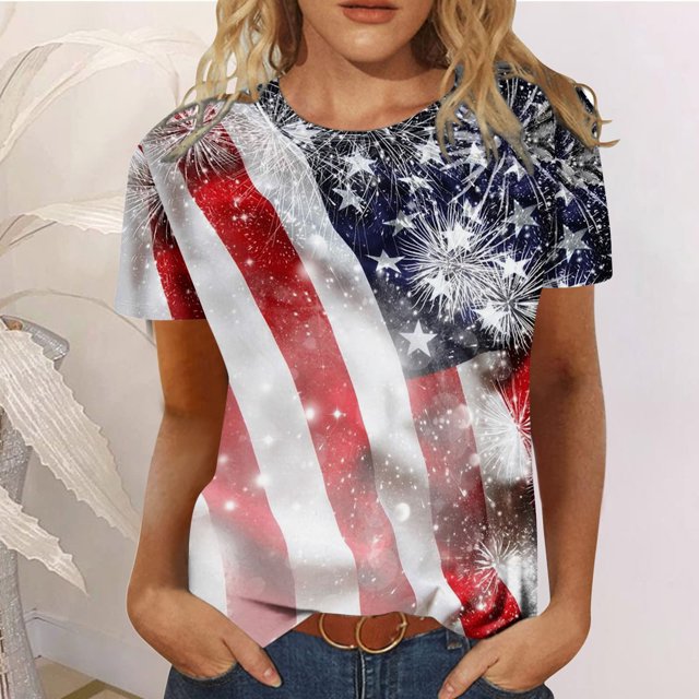 Hauts d'Été Grande Taille pour Femmes Décontractés T-Shirts d'Été Décontractés pour Femmes à Col Rond à Manches Courtes T-Shirts à Imprimé Drapeau Coupe Ajustée Hauts Basiques Tees Blouses T-Shirt à Col en V pour Femmes en Liquidation