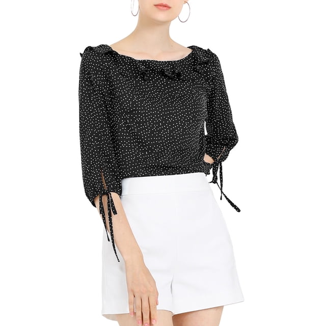 Unique Bargains Women's Ruffled Neck Half Sleeve Sheer Summer Polka Dots Blouse Tops