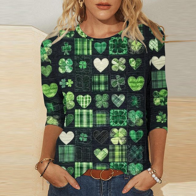 Mceream Manches 3/4 St Patricks Day Shirt Hauts pour Femmes Printemps Col Rond T-Shirts Décontractés Blouses à Imprimé Floral T-Shirts Graphiques Tenues d'Été Hauts Bohèmes Grande Taille Chemises à Imprimé Shamrock TTTTG