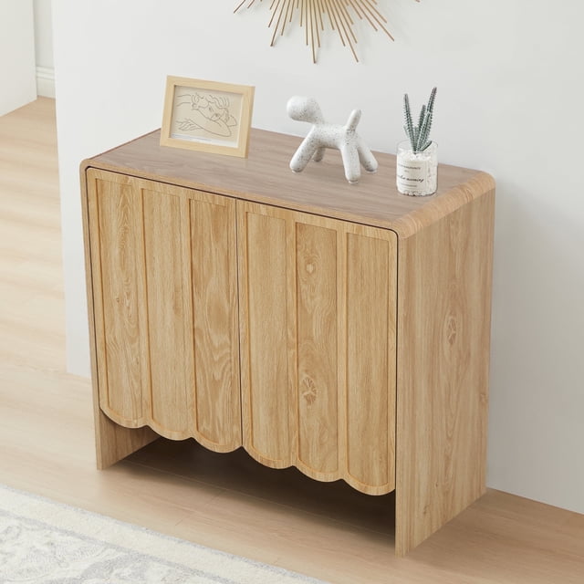 Wirrytor Wood Buffet Sideboard with 2 Wave Doors, Short Storage Cabinet with Adjustable Shelves for Living Room Dinning Room Kitchen, Natural