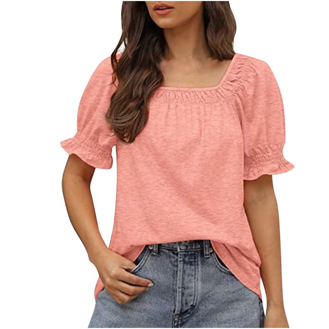 Birdeem Hauts Blouses Décontractés pour Femmes à Couleur Unie à Encolure Carrée à Manches Courtes