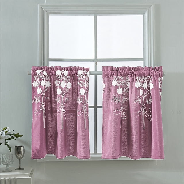Lubelski solid color flower window balcony short curtain in a coffee style, displayed as a kitchen valance drape. Made of cotton and polyester, it features a floral pattern with fine workmanship and a through-the-rod design. Suitable for living rooms, bedrooms, kitchens, balconies, and coffee shop decor. Shown in a mauve shade with white floral accents, measuring approximately 74cm x 61cm (29.13" x 24.02") for the small size.