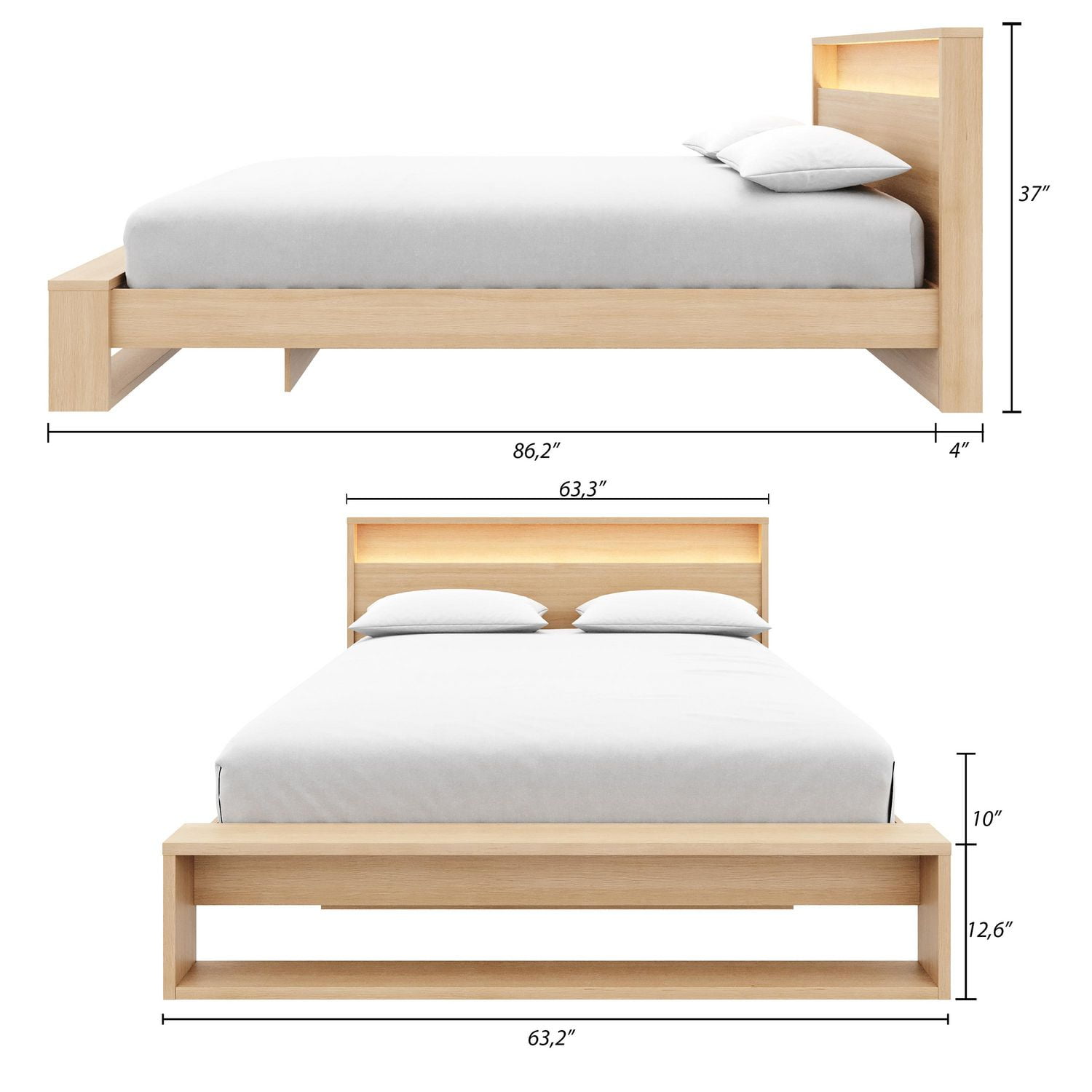 Gael Queen Size Bed Set with Slatted Bedframe and Headboard with Integrated Light