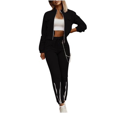 Pisexur Two Piece Sets for Women Fall Solid Color Zipper Sweatsuits Cropped Tops and Jogger Sweat Pants Track Suits for Women Set Casual Vacation Travel Outfits for Women